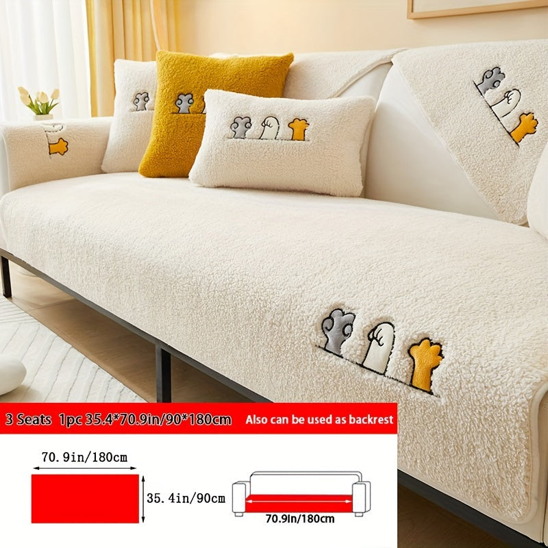 1pc Plush Thick Shearling Sofa Cover with Cute Animal & Bone Embroidery - Pet-Friendly, Non-Slip Couch Protector for All Sofa Sizes from Single to Four-Seater - Soft, Warm Decor for Living Room, Bedroom, Office, Sofa Covers for Living Room