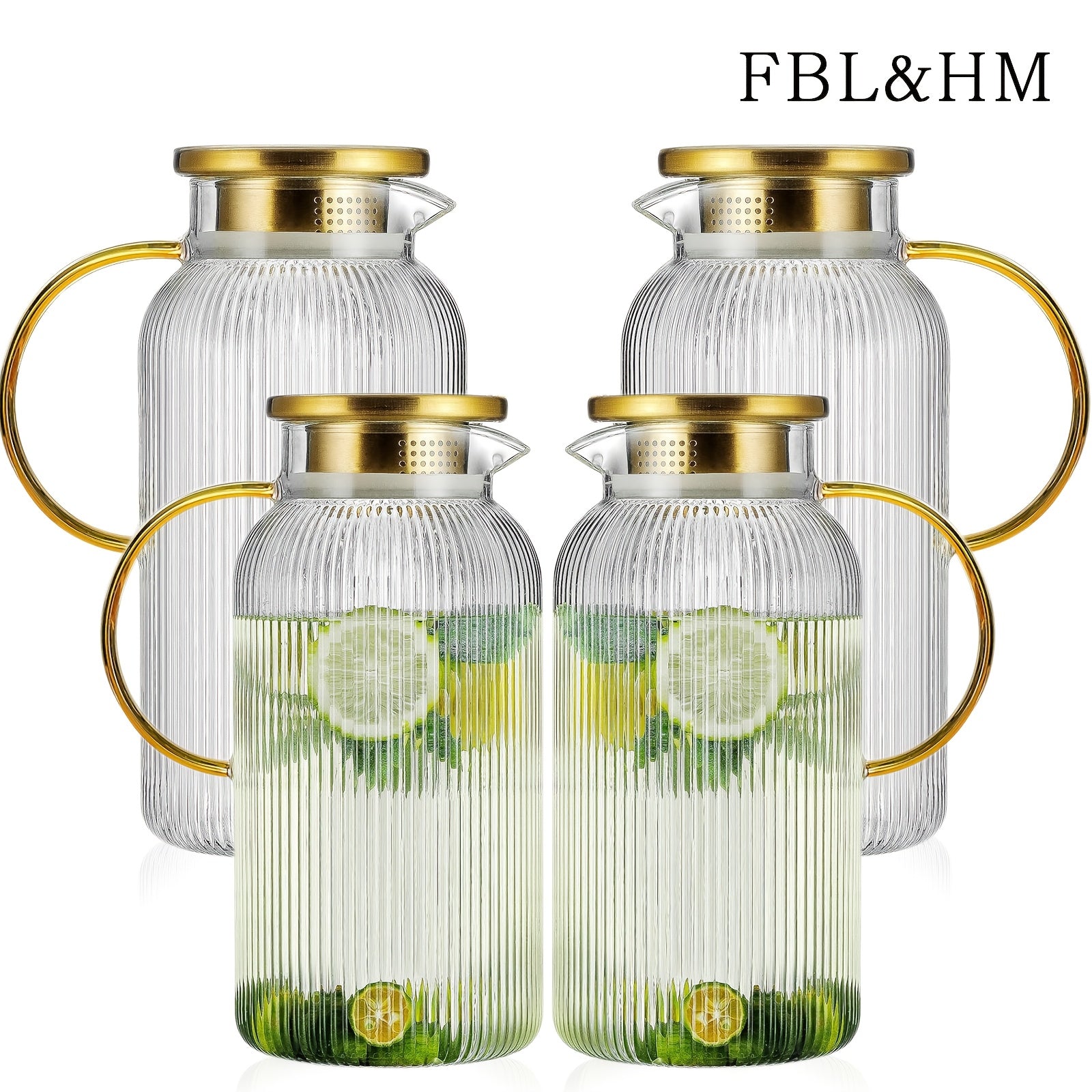 FBL&HM 2/4 PACK Glass Pitcher With 304 Stainless Steel Lid, 68 Oz/ 2 Liter Classic Vertical Stripes Water Pitcher, Glass Water Carafe For Cold Brew, Coffee, Lemonade, Iced Sun Tea, Beverage, Milk, Heat Resistant