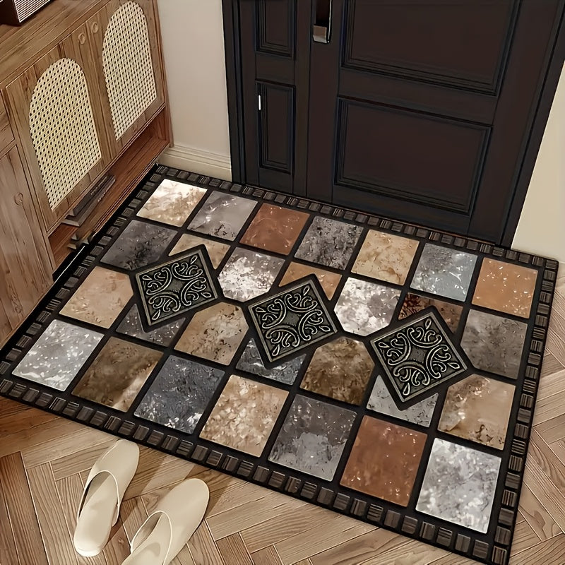1pc Luxury Crystal Velvet Non-Slip Kitchen Pad-White, Beige And Brown Elegant Marble Pattern, Machine Washable Polyester Mat, Suitable for Kitchen, Bathroom, Bedroom And Corridor Decoration, Kitchen Carpet