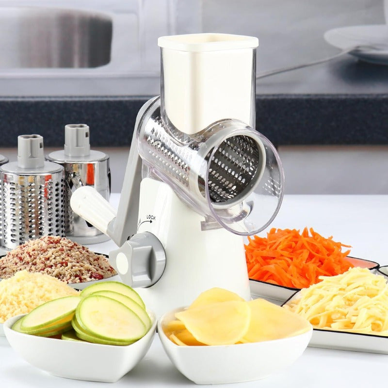 Hand-Cranked Rotary Cheese Grater for Shredding Fresh Cheese, Vegetables, And Nuts, Featuring a Non-Slip Suction Base And a Complimentary Cleaning Brush with Three Blades.