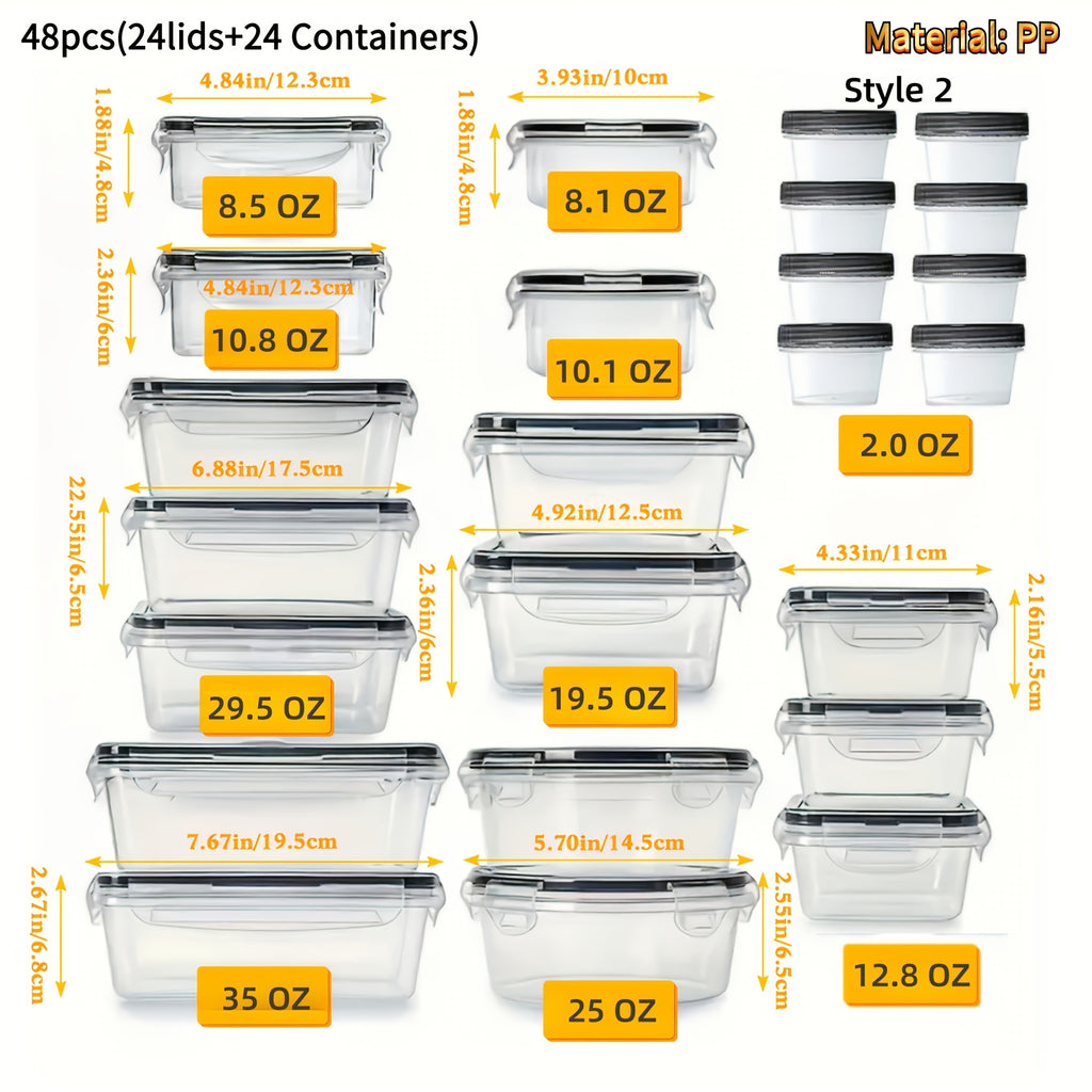 48pcs(Including 24 Lids And 24 Containers) Large Capacity Airtight Food Storage Container Set with Buckle Lids, Includes Marker And Stickers, Stackable Plastic Meal Prep Lunch Boxes for Kitchen, Picnic, Party