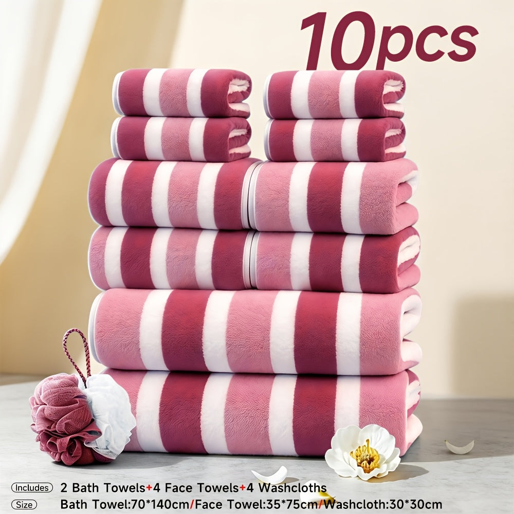 10pcs/3pcs/1pc Towel Set, No Hair Loss, Super Water Absorption,Ultra-Soft Microfiber Beach Towels for Adults, Super Soft Five-star Hotel Standard Two-color Striped Interval Bath Towel Combination(11.81x11.81inch, 13.78x29.53inch, 27.56x55.12inch)