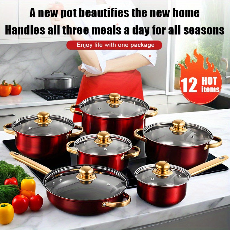 12pcs Red Pot Set, Thin-Gauge Stainless Steel, Non-Stick Pan, Kitchen Cookware Set, Non-Stick Cooking Set, A Variety of Pots to Meet All Kitchen Needs, The Most Beautiful And Practical Gift for Mothers