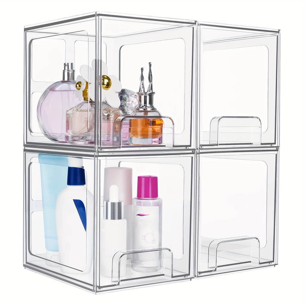 Stackable Storage Drawers 4 Pack Clear Acrylic Makeup Organizer for Bathroom Vanity Countertop BPA-Free Plastic Storage Bins Perfume Skincare Organizer