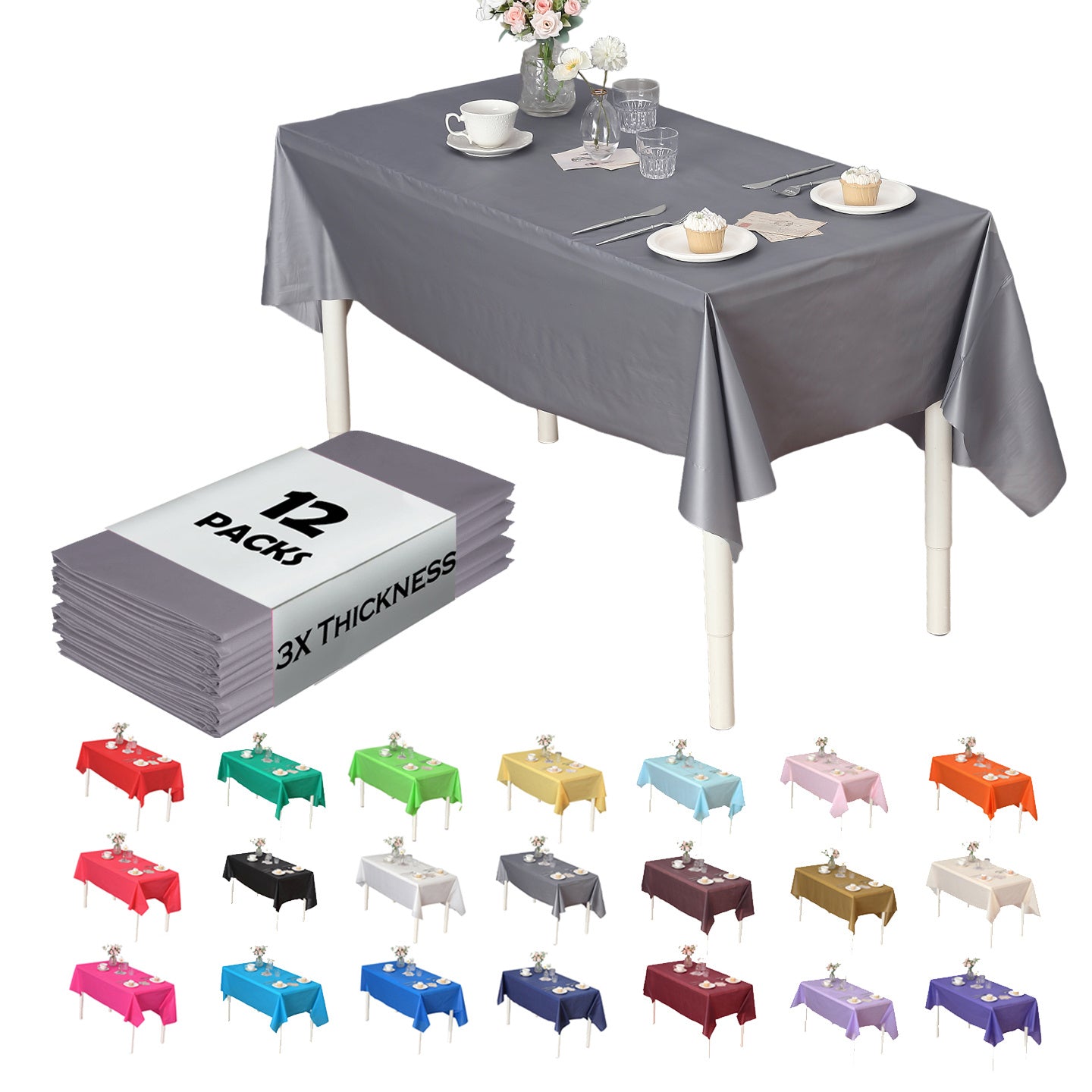 Heavy Duty Premium 12pcs Plastic Tablecloth, Disposable Tablecloth, Plastic Table Cover for Kitchen, Dinning Uses.