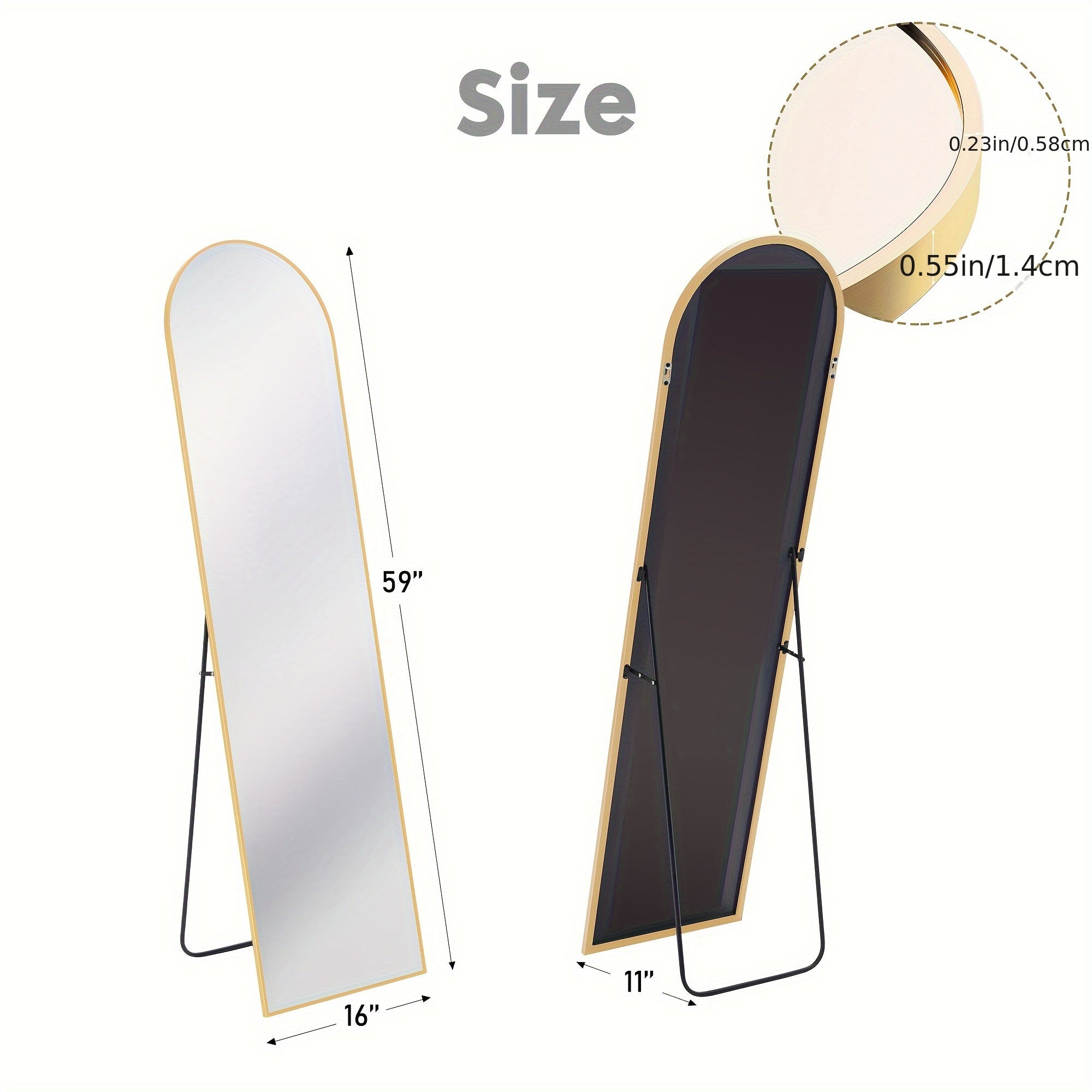 Arched Full Body Mirror with Stand, 59"x16" Rim Floor Mirror, Office Decorative Furniture, Moisture and Shatter Resistant Nano Glass Vertical Full Body Mirror, Grooming Mirror