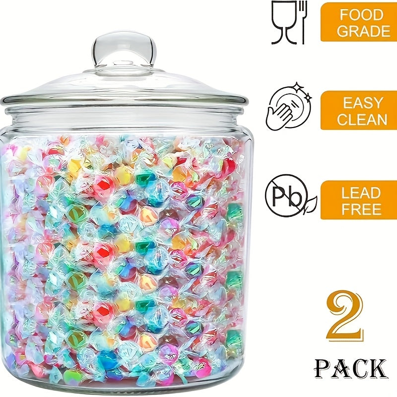 2pcs Glass Pantry Jar with Clamshell Lid for Pantry And Kitchen Countertops - Hand Washed, Reusable Round Container for Biscuits, Candy, Pasta - 1 Set Of 2pcs