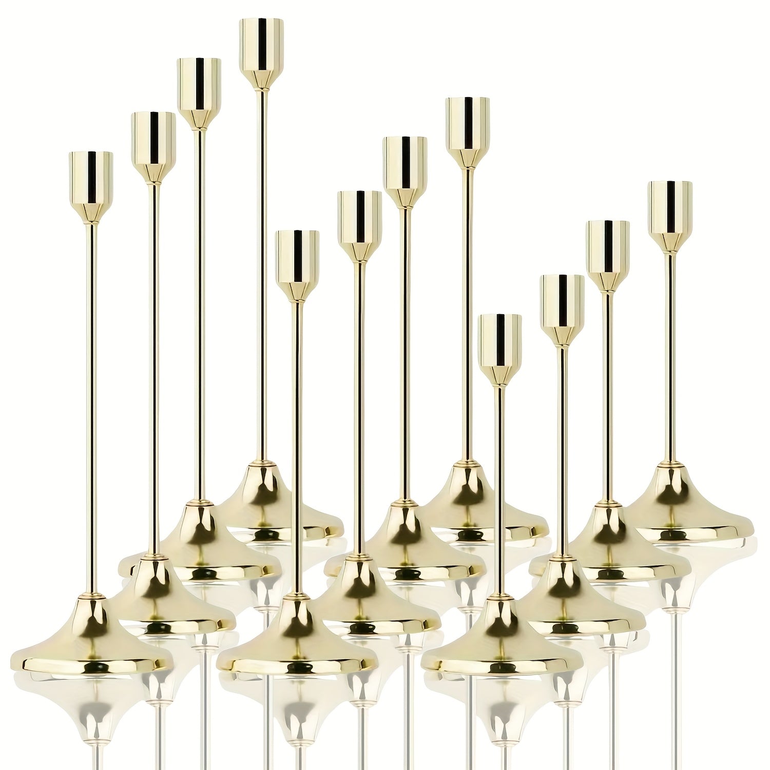 12-Piece Elegant Metal Candle Holders - Modern Tapered Design with Polished Golden Finish, Versatile Tabletop Decor for Christmas, Halloween, Weddings, Anniversaries, Home & Hotel Centerpieces (Candles Not Included)