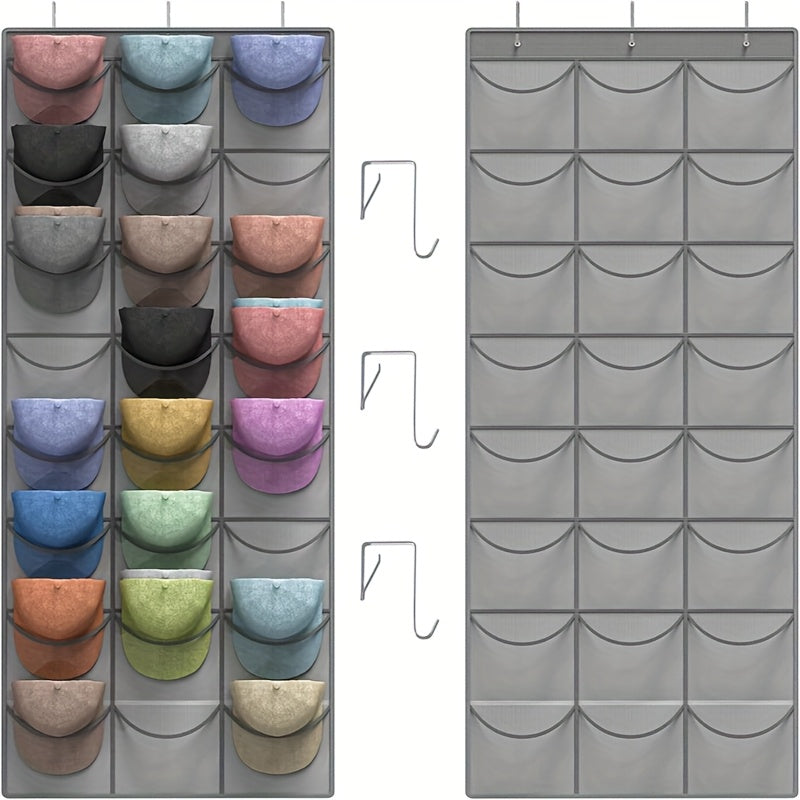 1 Baseball Cap Rack, 24 Pocket Over The Door Hat Organizer, Closet Hat Storage with Large Clear Pockets And 3 Hooks for Hat Protection And Display