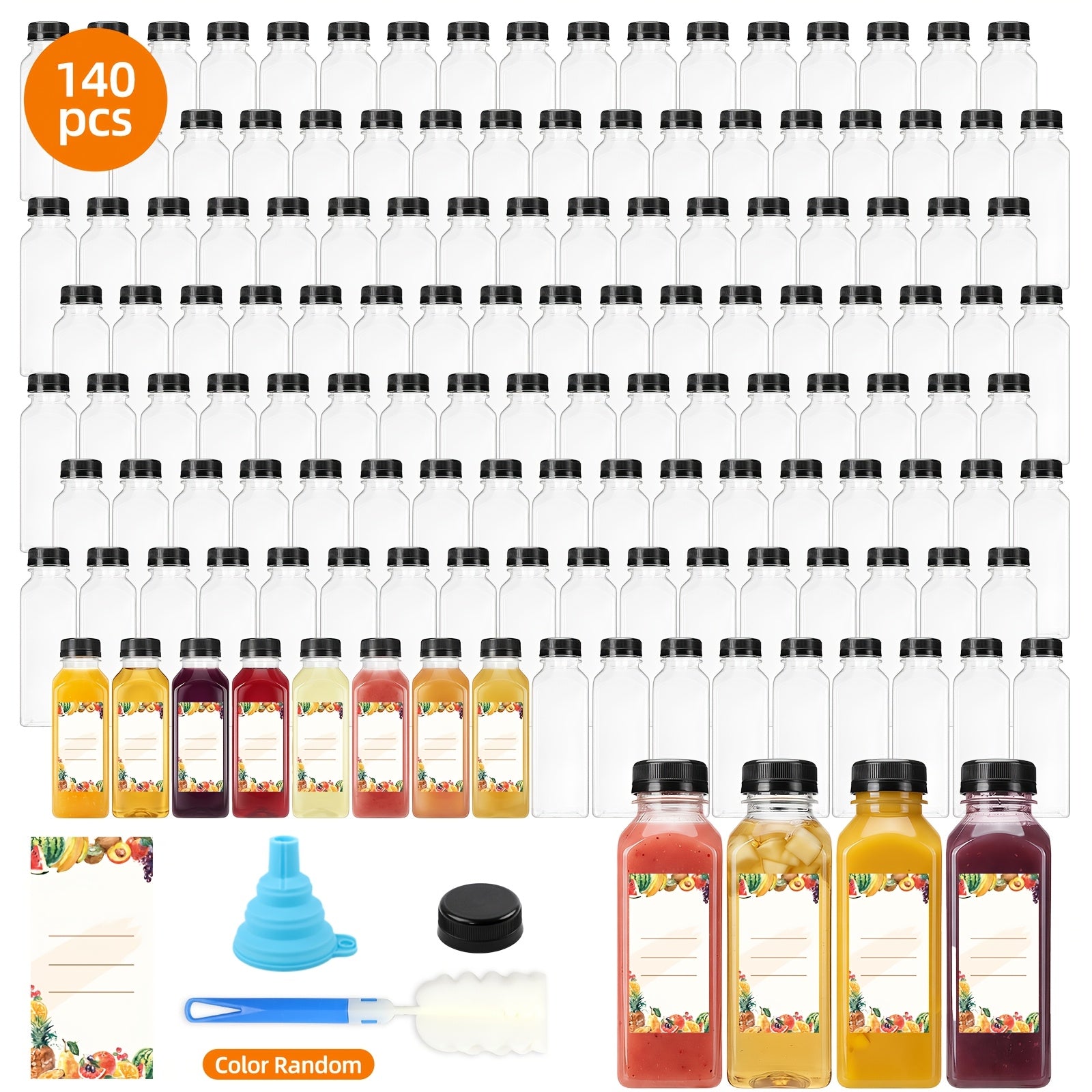 Of 127/140/141/199 Empty Plastic Bottles, Party Cups, with Tamper-Proof Black Caps, 1 Rubber Funnel&1 Sponge Brush(Random Color), 12Oz/16Oz Empty Plastic Juice Bottles with Caps, Bulk Clear Beverage Containers for Juicing, Drinking, Other Beverages