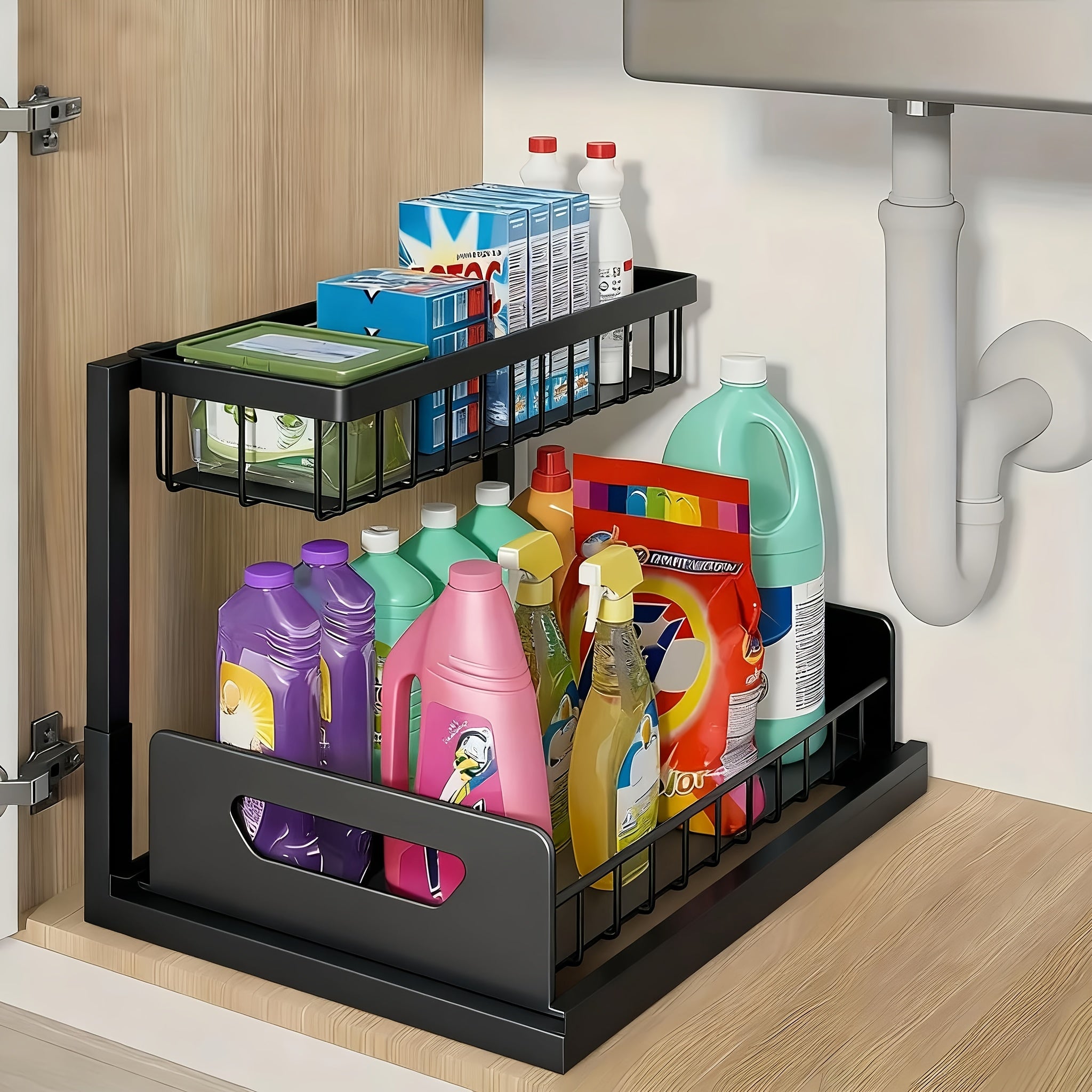 1/2pcs 2-story kitchen sink storage containers，push-pull cabinet organizer, kitchen and bathroom organizers and storage, study, tabletop, metal sliding drawers, practical and convenient kitchen accessories essentials, kitchen organizers and storage.