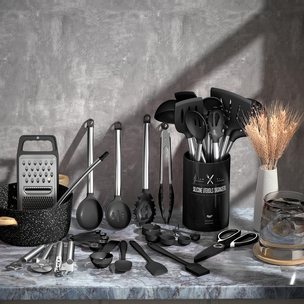 Kitchen Utensils Set-34pcs Silicone Cooking Utensils Set for Nonstick Cookware-Silicone Spatulas Set, Stainless Steel Handle-Black Kitchen Gadgets Tools, Pots And Pans Accessories, SKROAM father gift
