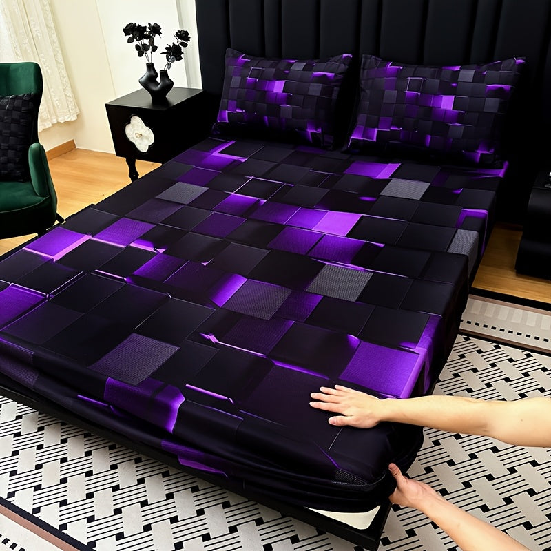 2D Flat 3pcs Cool Technology Digital Printing Material Plaid Fitted Sheet(1pc Bed Sheet+2pcs Pillowcase No Filling) Deep Pocket In 15 Inch, At Home Dormitory Suitable for All Seasons Mattress Protector
