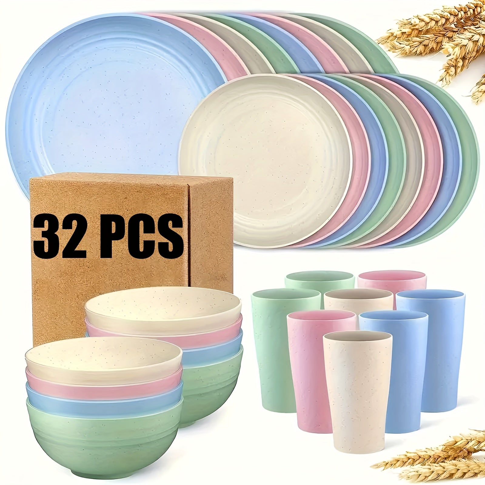 16pcs/32pcs Kitchen Wheat Straw Large Size Dinnerware Set, for 4/8, Unbreakable Modern Dish Set Dinner Plate/Dessert Plate/Cereal Bowl/Cup, Dishwasher Safe, Lightweight Tableware, Camping And Everyday Use, Gifts for Men/Women/Christmas/Halloween
