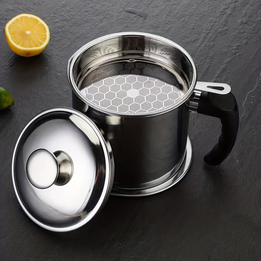 Stainless Steel Kitchen Grease Container with Strainer - Easy Pour Handle, Great for Storing Cooking Oils and Fats, Essential Kitchen Accessories, Kitchen Grease Jar