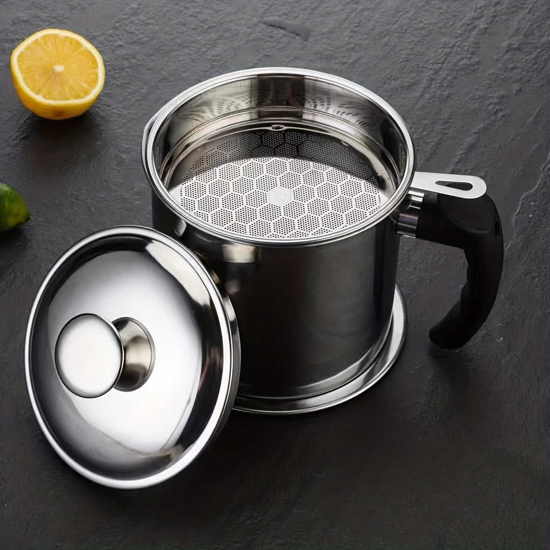 Stainless Steel Kitchen Grease Container with Strainer - Easy Pour Handle, Great for Storing Cooking Oils and Fats, Essential Kitchen Accessories, Kitchen Grease Jar