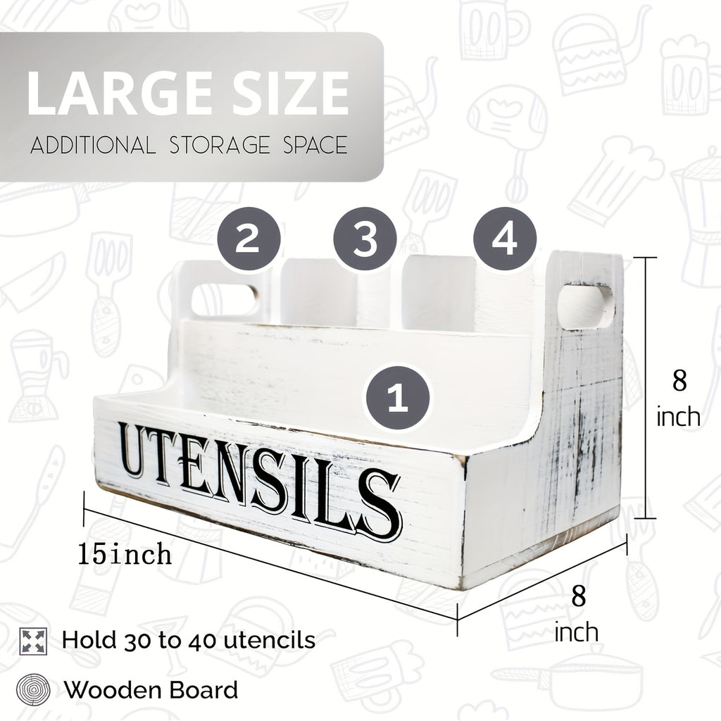 Extra Large Kitchen Utensil Organizer with 4 Compartments, White Wooden Kitchen Utensil Organizer for Kitchen Countertops, Farmhouse Utensil Storage, Rustic Cooking Utensils - White.