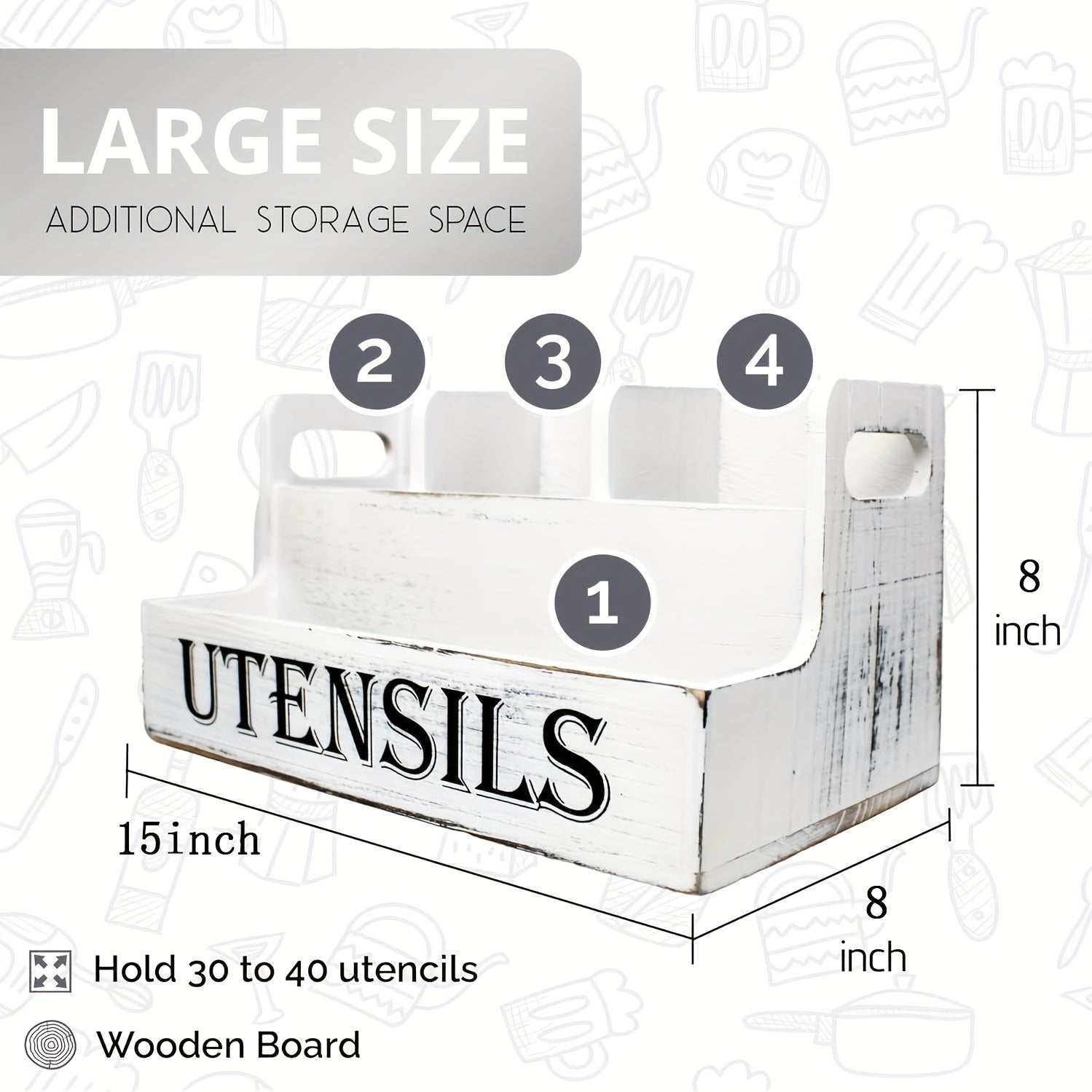 Extra Large Kitchen Utensil Organizer with 4 Compartments, White Wooden Kitchen Utensil Organizer for Kitchen Countertops, Farmhouse Utensil Storage, Rustic Cooking Utensils - White.