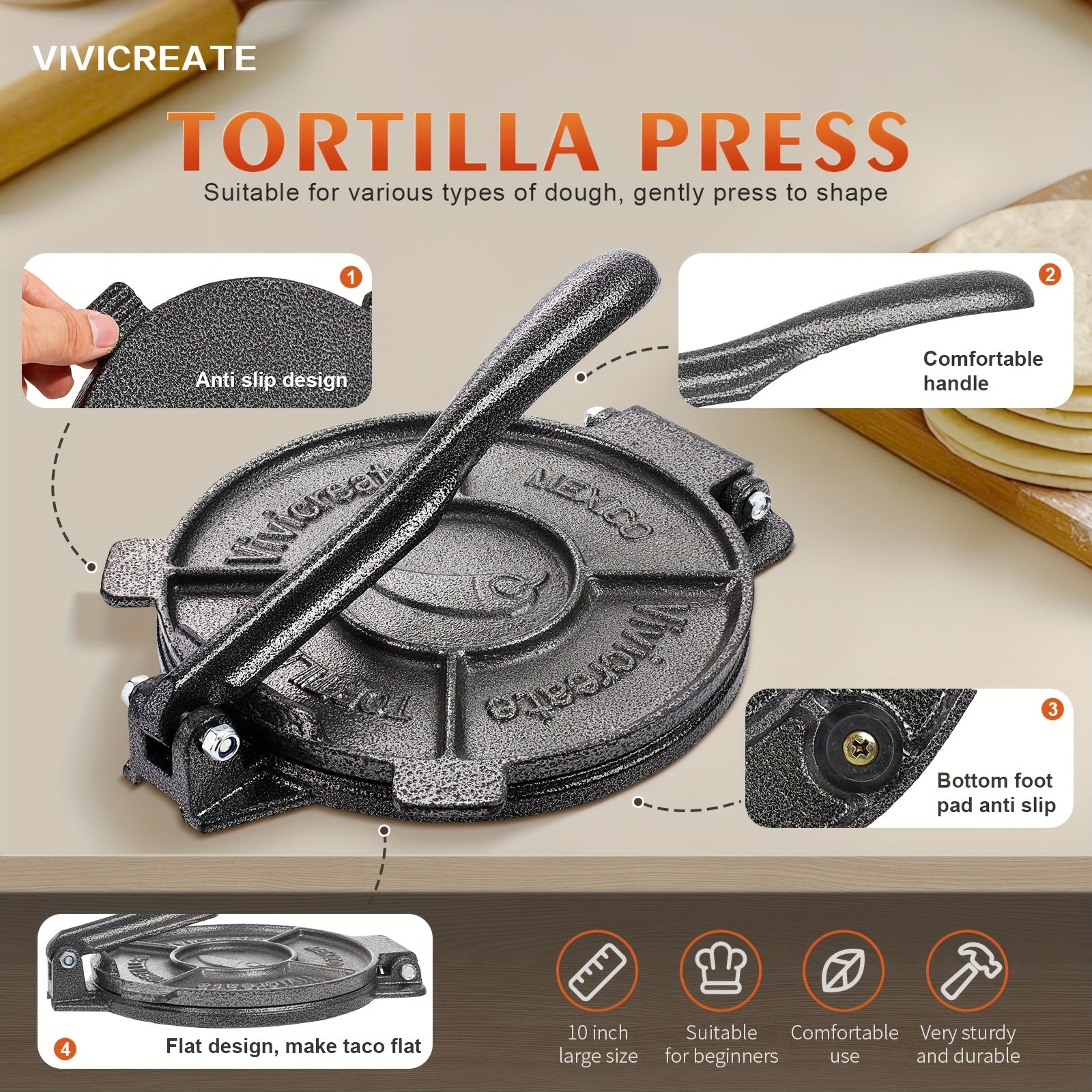 Vivicreate Tortilla Press, Tortilla Maker, Dough Press, Flour Tortilla press, Rotis Press, Quesadilla, Tortilla Makers (7.5 inch)