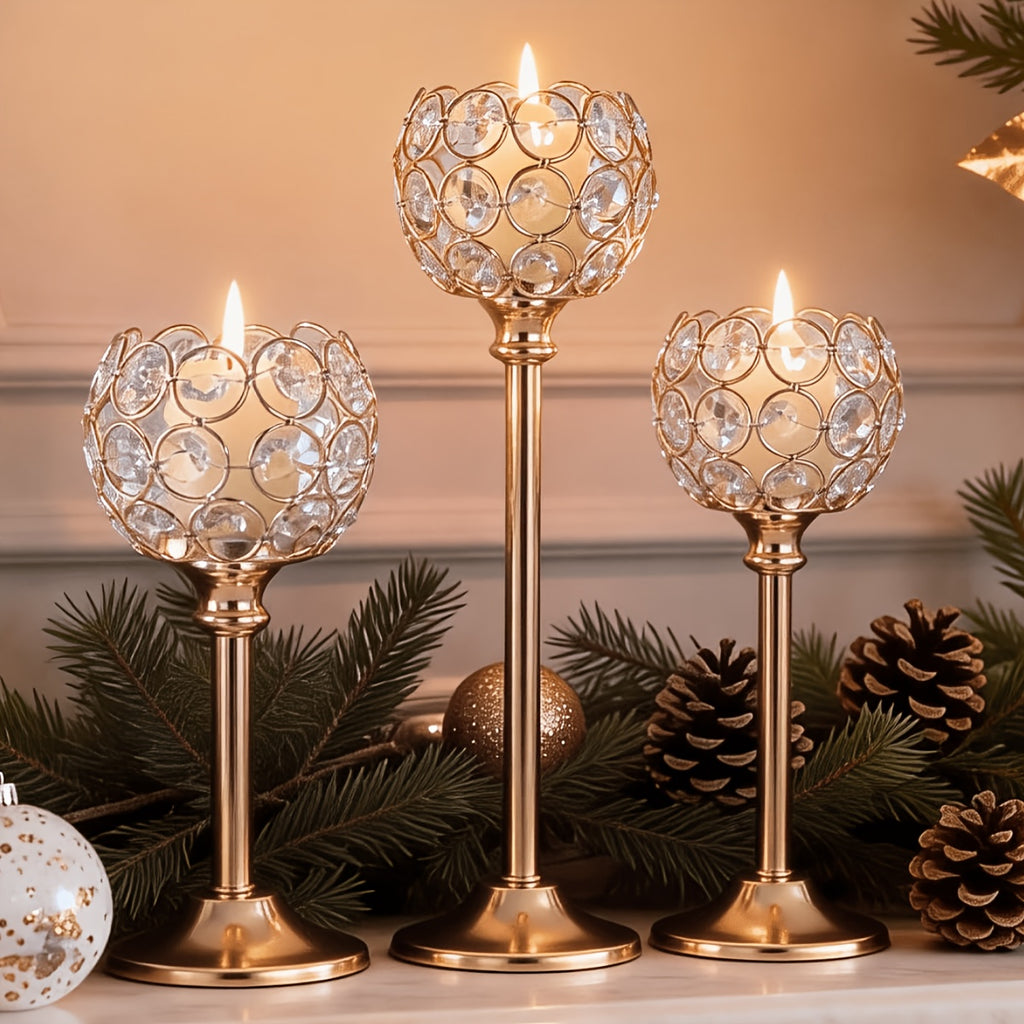 3pcs Crystal Candle Holder, Tabletop Polished Finish, Windproof Candle Holders for Home Decoration, Wedding Anniversary, Christmas Halloween Dinner Props, Birthday Gift, Family Theme Table Centerpiece