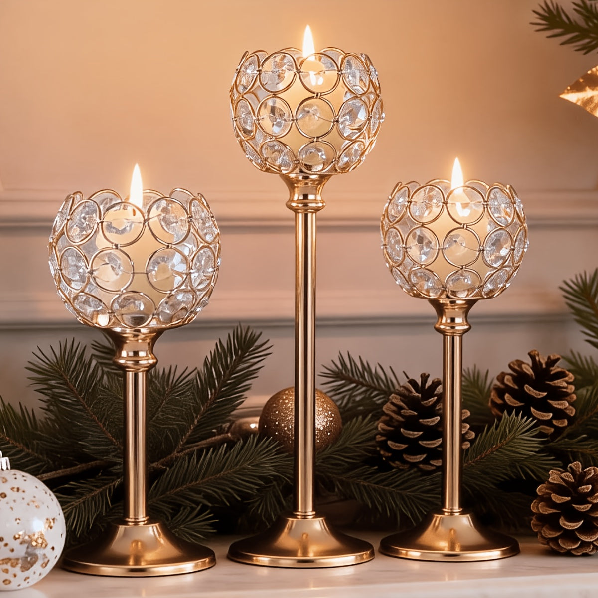 3pcs Crystal Candle Holder, Tabletop Polished Finish, Windproof Candle Holders for Home Decoration, Wedding Anniversary, Christmas Halloween Dinner Props, Birthday Gift, Family Theme Table Centerpiece