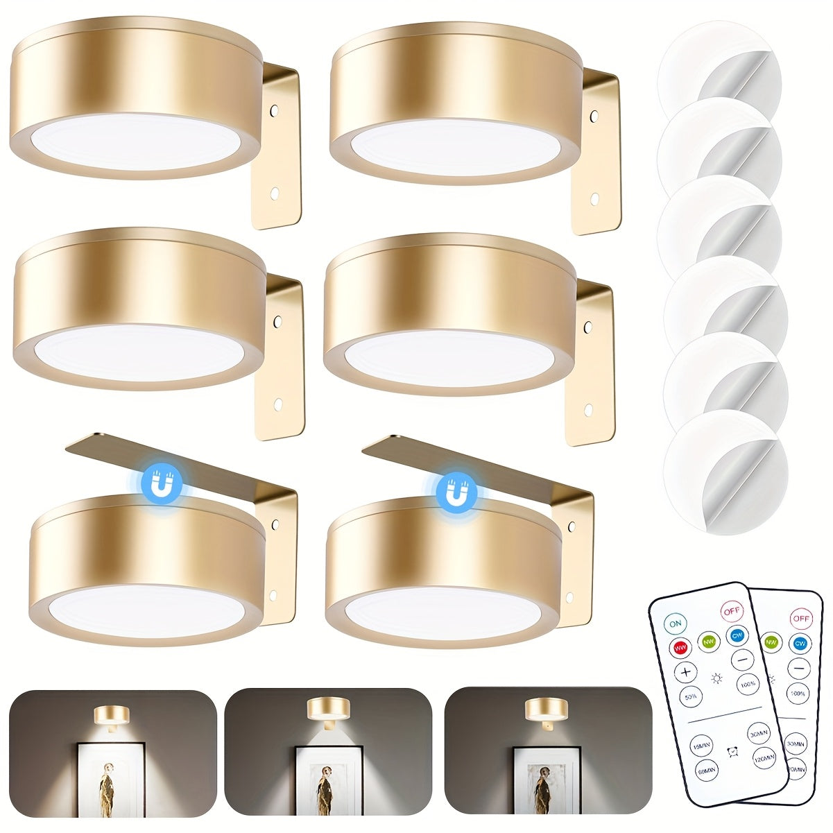 3/6pcs Battery- Magnetic Picture Lights with Remote, Dimmable Timer & 3 Lighting Modes Suitable for Picture Frame Paintings, Wireless Wall-Mounted Puck Lights for Art Display, Plug-and-Play for Gallery Decor (No Wiring)