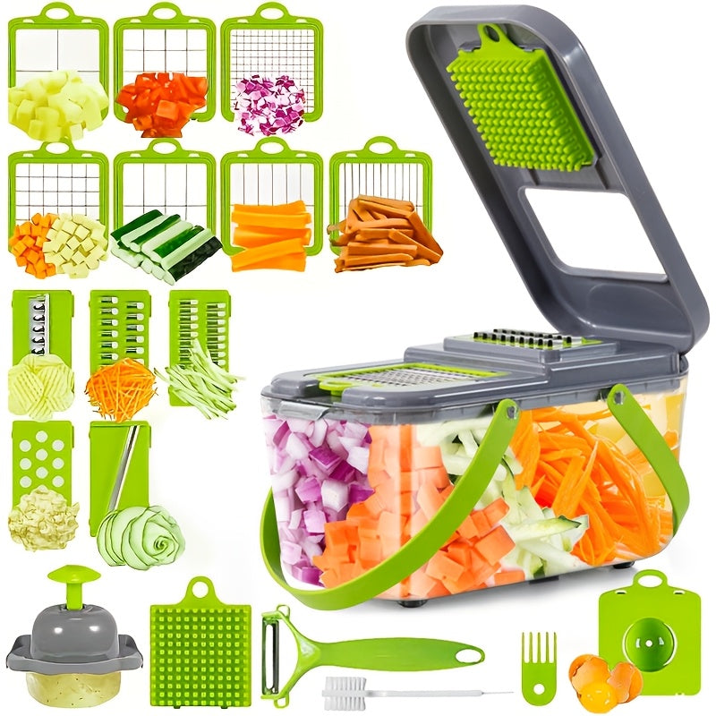 22-in-1 Pro Vegetable Chopper: Multifunctional Food Slice Crusher Dicer Cutter with 14Blades, with Grey Vegetable Drain Basket, Convenient for Cutting Food In The Kitchen And Storing Food In The Refrigerator