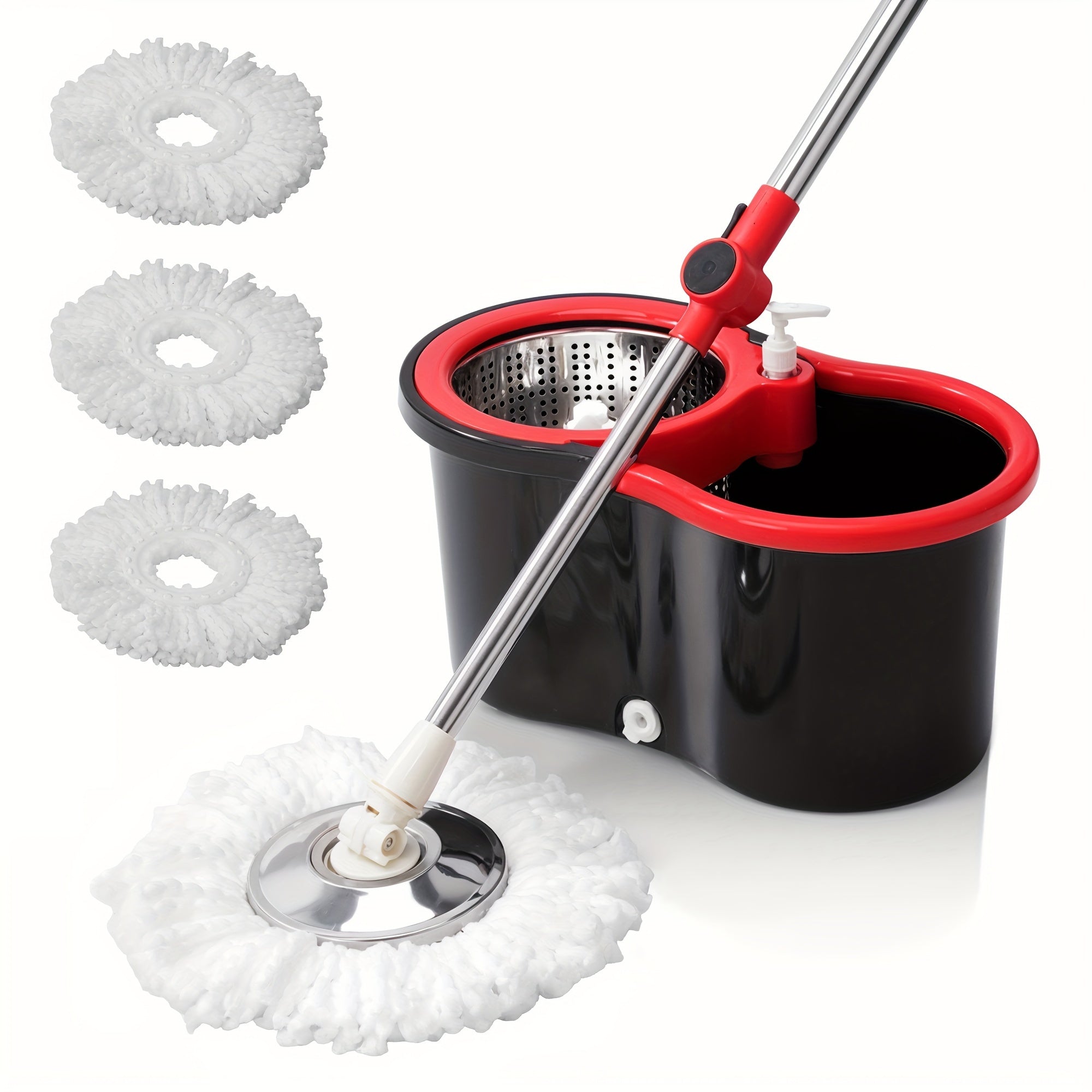 Set of Spin Mop And Bucket, Designed for Bathroom Use, Suitable for School Restrooms, Featuring a 360° Spinning Mop Bucket System That Includes Three Microfiber Mop Replacement Heads And an Adjustable Handle for Effective Floor Cleaning