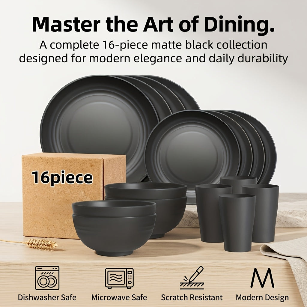 Brczuo 16/32pcs Kitchen Plastic Wheat Straw Tableware Set, 4/8 People, Plates, Dessert Plates, Cereal Bowls, Cups, Unbreakable Black Plastic Outdoor Camping Tableware, Kitchen Accessories, Black Wheat Straw Tableware, Halloween, Weddings