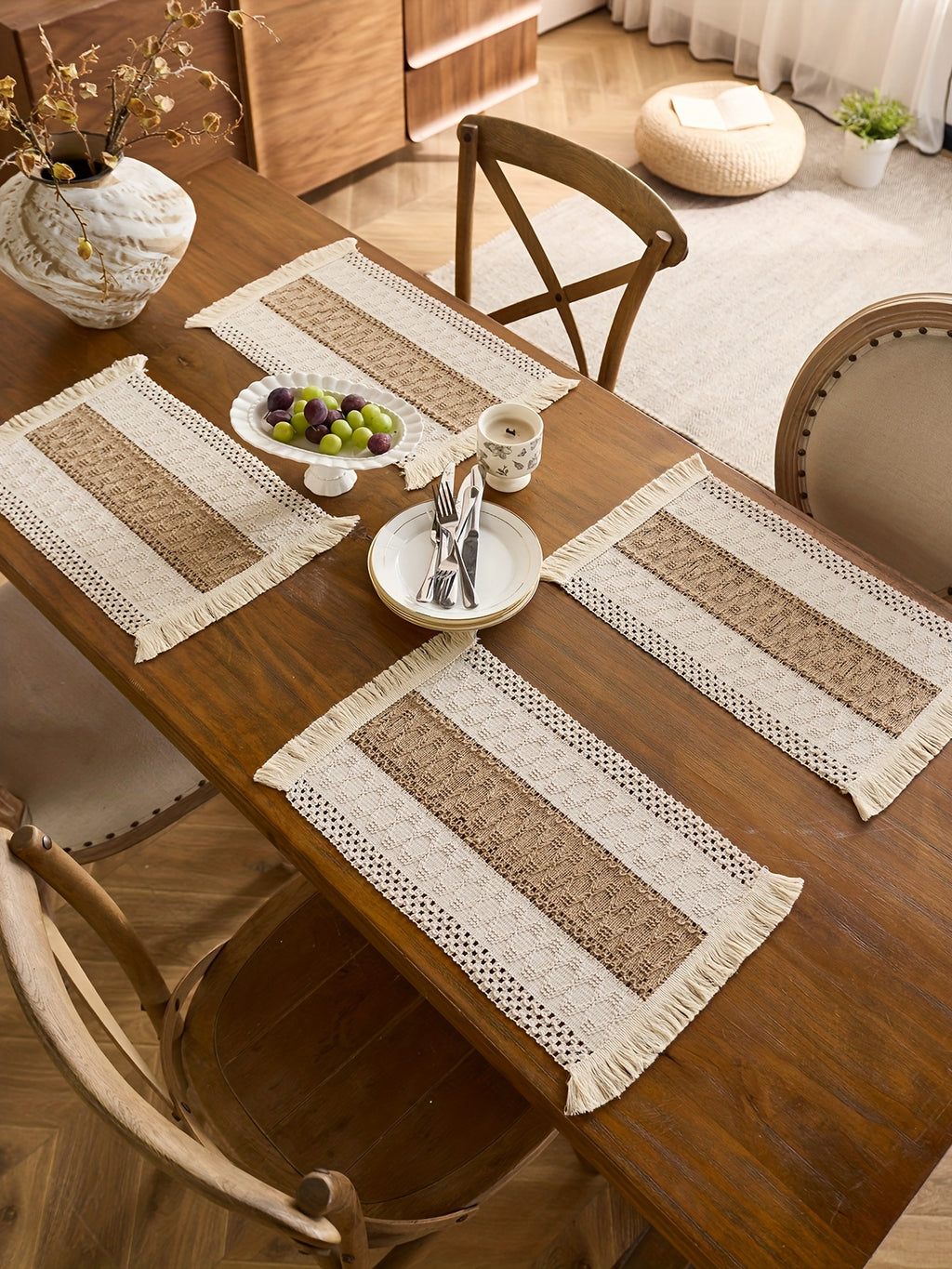 4pcs Bohemian Style Placemats with Tassels - Light Luxury Table Runner, Nordic Style Table Decoration Mat, Coffee Table Mat, Home Bowl and Plate Mat for Home Decoration, Party Dinner Festiva