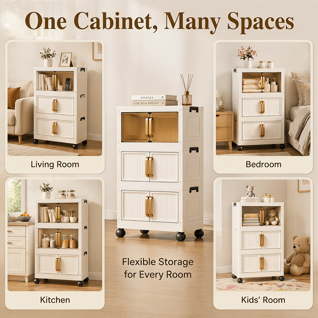Large Capacity 19-inch Wide Multi-functional 3/5-layer Folding Storage Organizer with Wheels - Magnetic Double Door Design Suitable for Kitchen Storage Of Clothes,, Books, Etc. - Perfect Storage for Living Room, Bedroom, And Office - Storage Box