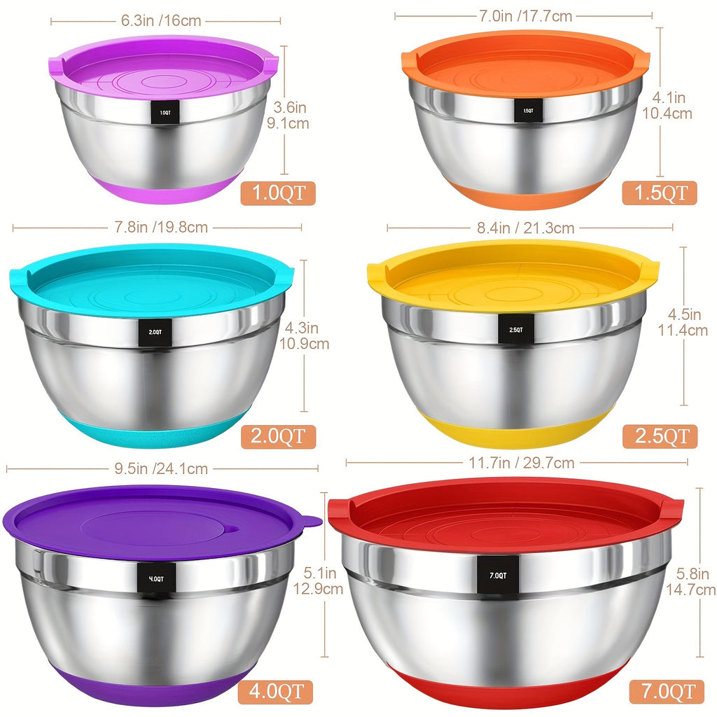 Mixing Bowls with Airtight Lids, 26pcs Stainless Steel Bowls Set, 3 Grater Attachments & Black Non-Slip Bottoms Size 7, 4, 2.5, 2.0, 1.5, 1QT, Great for Mixing & Serving