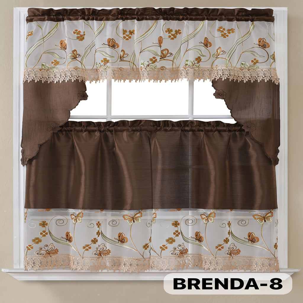 3pcs Embroidery Kitchen Curtains Set Flowers Embroidery Satin Fabric Faux Lightweight Soft Easy Care Machine Washable 49 Design Styles Available Holiday Gifts for Family Local Warehouse All Season Use Summer