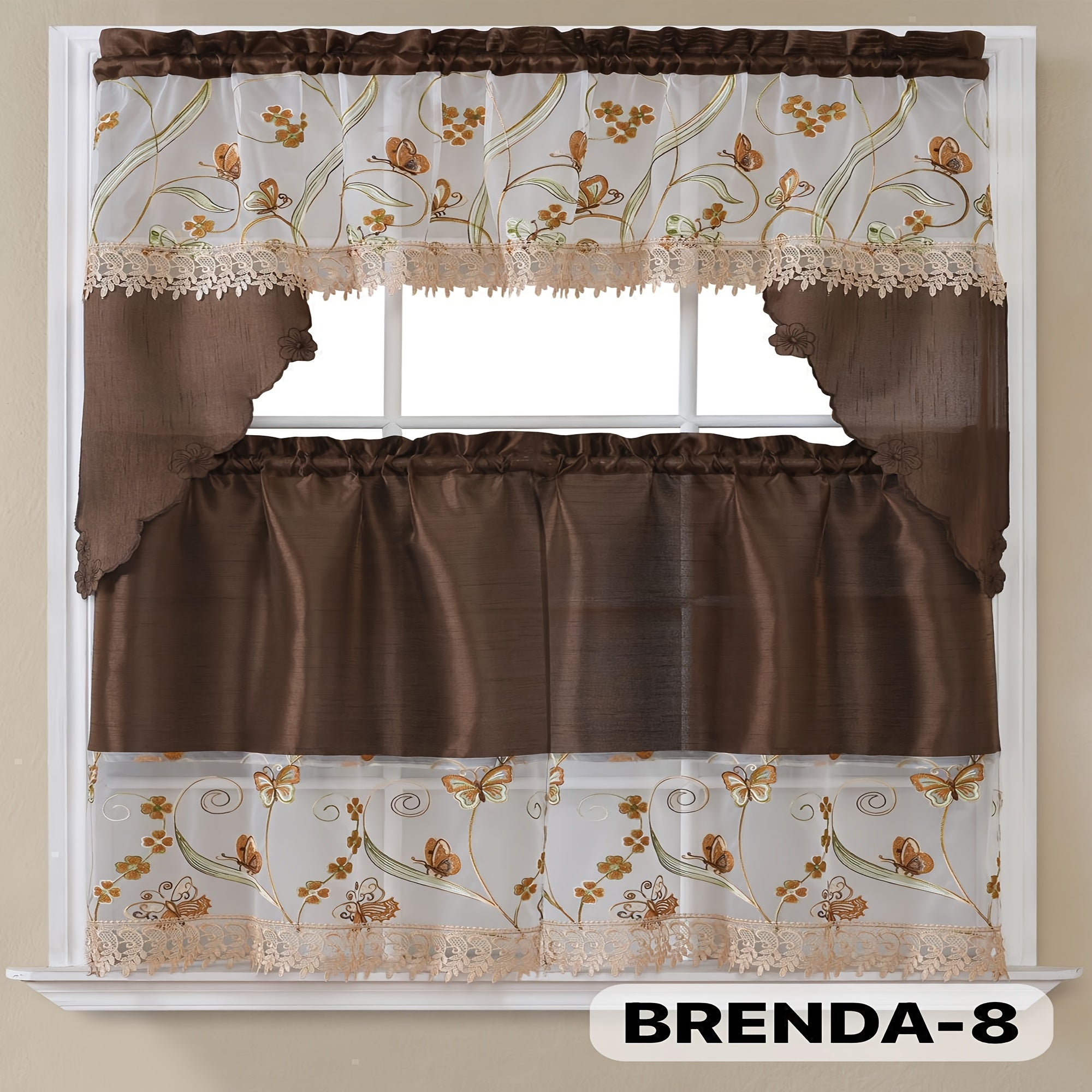 3pcs Embroidery Kitchen Curtains Set Flowers Embroidery Satin Fabric Faux Lightweight Soft Easy Care Machine Washable 49 Design Styles Available Holiday Gifts for Family Local Warehouse All Season Use Summer