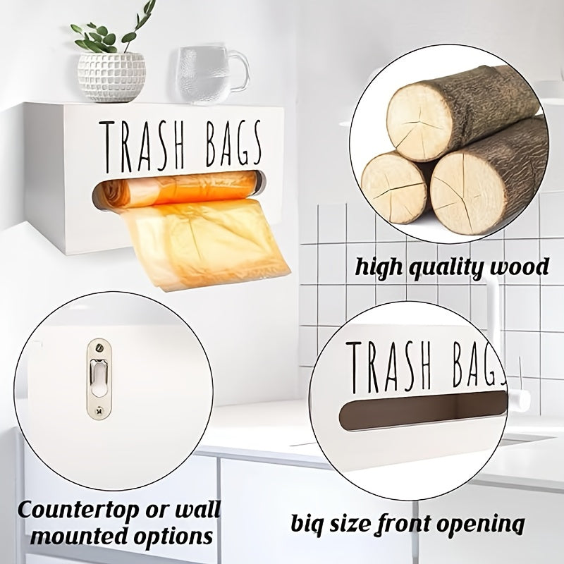 Wood Garbage Bag Dispenser with One-Touch Operation - Storage Box for Kitchen, Bathroom & Living Room - Dispensing Trash Can Organizer (No Manual Refills), 2 Colors ( & Black)