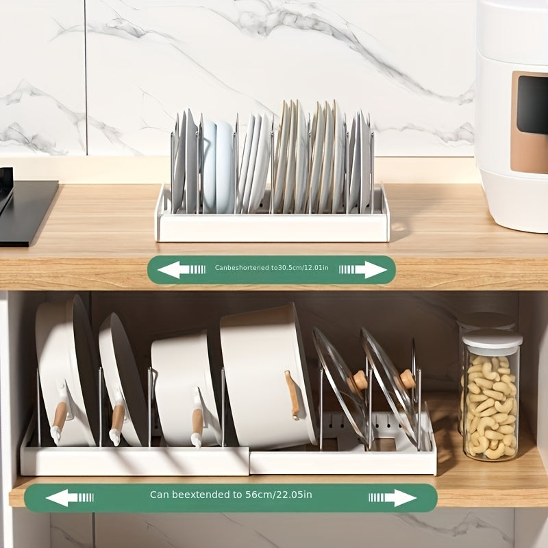Adjustable Pots and Pans Organizer Rack with Dividers - Expandable Under Cabinet Storage for Bakeware, Lids (White)