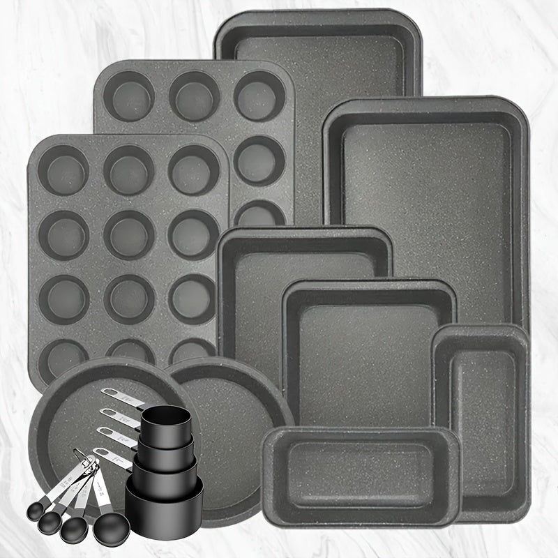 2/6/7/8/11/12/16/18pcs Nonstick Baking Pans Set Kitchen Baking Sheets Oven Bakeware Sets Round/Square Cake Pan Muffin Pan, Loaf Pan, Roast Pan, Cookie Sheet Baking Supplies Grey Measuring Spoon, Scraper, Rack, Whisks, Bread Bag, Muffin Cups, Spatulas