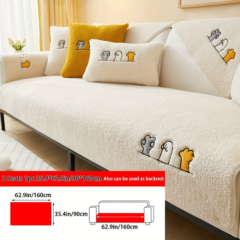 1pc Plush Thick Shearling Sofa Cover with Cute Animal & Bone Embroidery - Pet-Friendly, Non-Slip Couch Protector for All Sofa Sizes from Single to Four-Seater - Soft, Warm Decor for Living Room, Bedroom, Office, Sofa Covers for Living Room