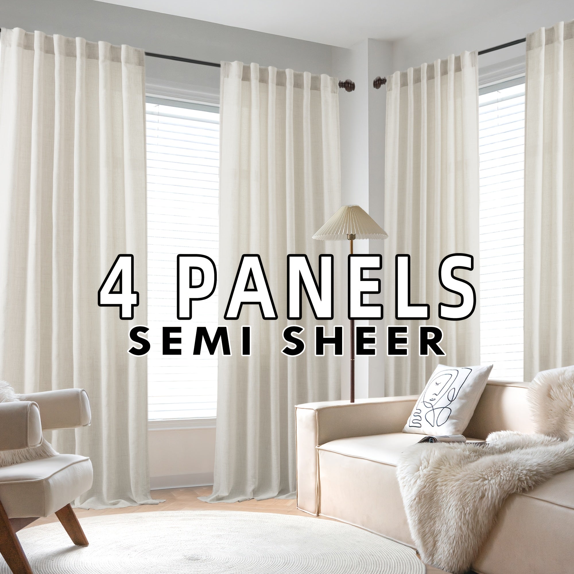 4 Panels Natural Linen Curtains for Living Room Semi Sheer Farmhouse Real Flax Rod Pocket Back Tab Boho Rustic Light Filtering Window Drapes for Bedroom Privacy Assured