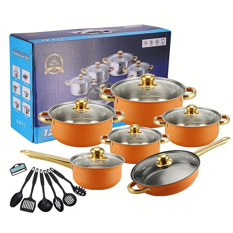 12pcs Thin-Gauge Stainless Steel Cookware Set - Induction Cooker Cooking, Large Pot, Cheese Pot, Dual Handle with Lid, Suitable for Soup, Hot Pot, Pasta, Seafood Soup, Rice Cookware