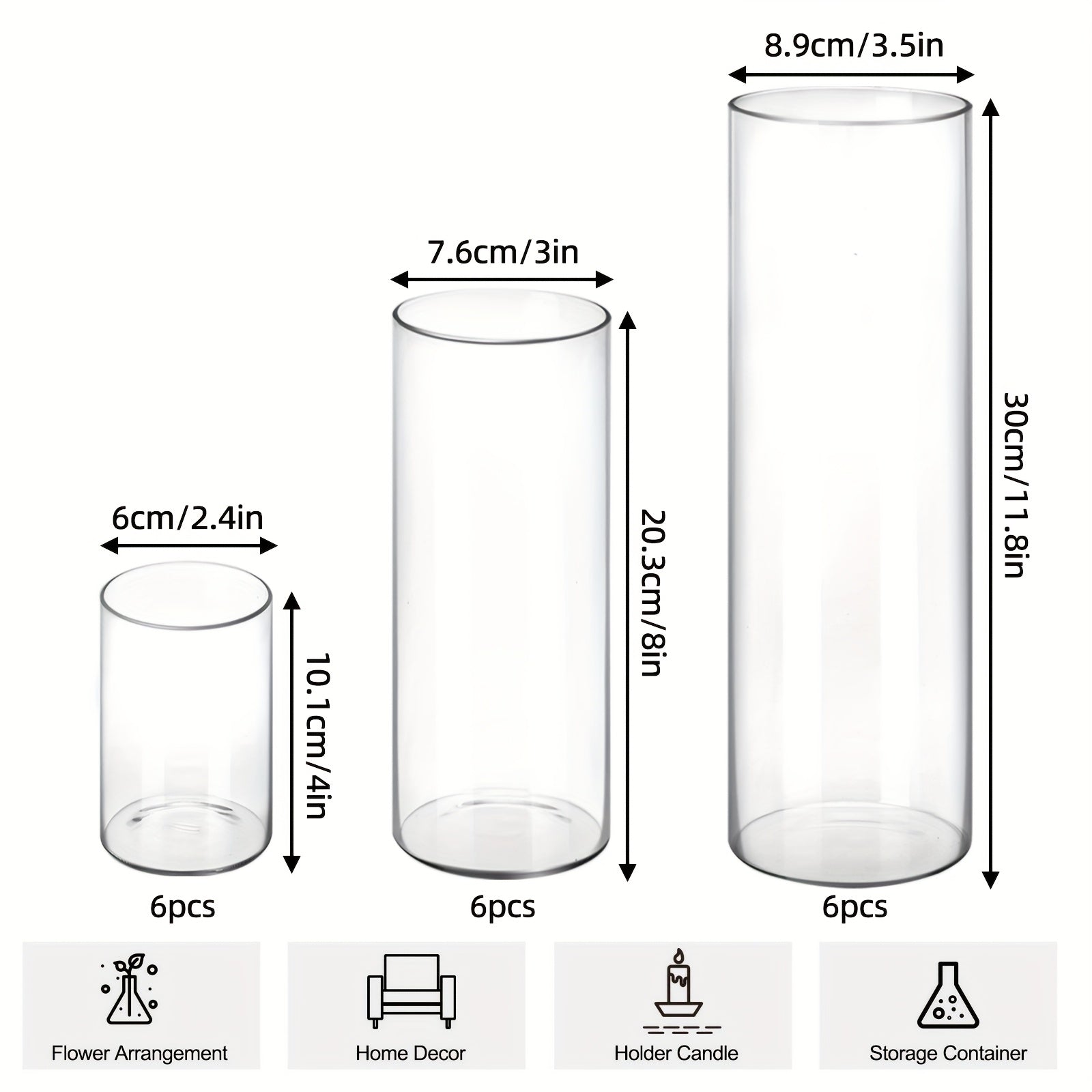 TOMNK 12/16/24/36/48pcs Clear Glass Candle Holder Cylinders Vases, 4, 6, 8, 10 Inch Tall Cylinder Vases for Candles, Glass Candle Vase, Hurricane Floating Candle Holder Vase for Table Shelf, Party, Wedding, Home Decor