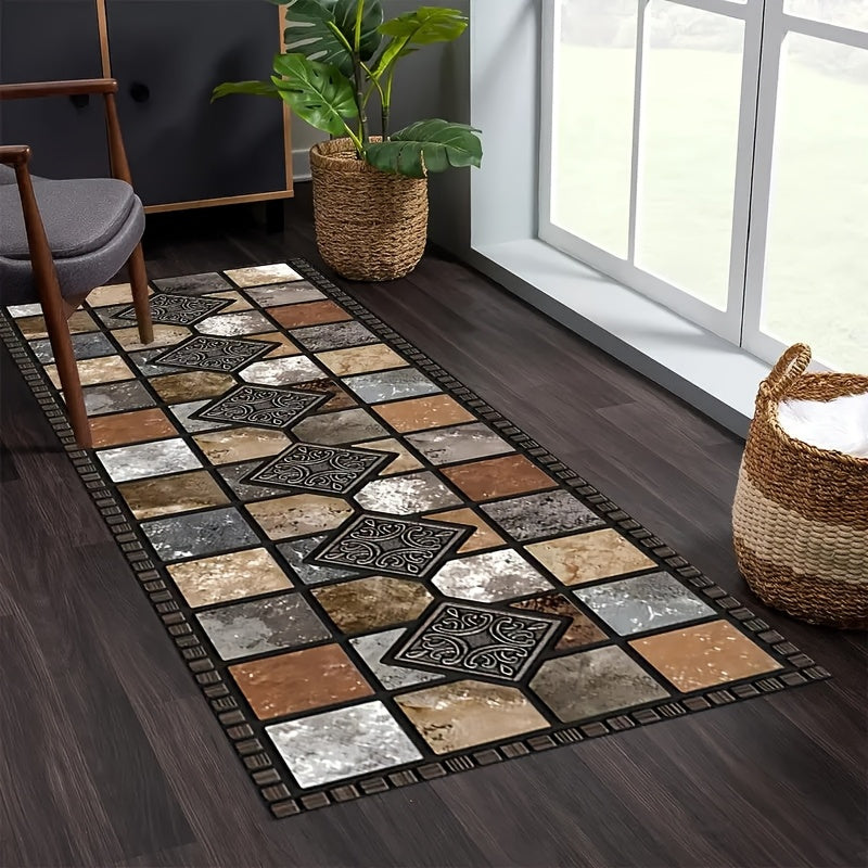 1pc Luxury Crystal Velvet Non-Slip Kitchen Pad-White, Beige And Brown Elegant Marble Pattern, Machine Washable Polyester Mat, Suitable for Kitchen, Bathroom, Bedroom And Corridor Decoration, Kitchen Carpet