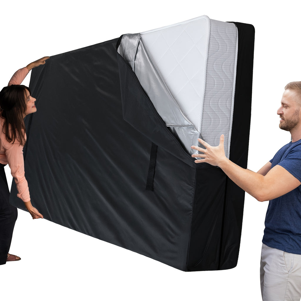 1pc Mattress Protector Cover, Heavy Duty Polyester Woven Mattress Bag for Moving and Storage, 180-200 g/㎡, Black, Zipper Closure, Machine Washable, Reusable with Handles