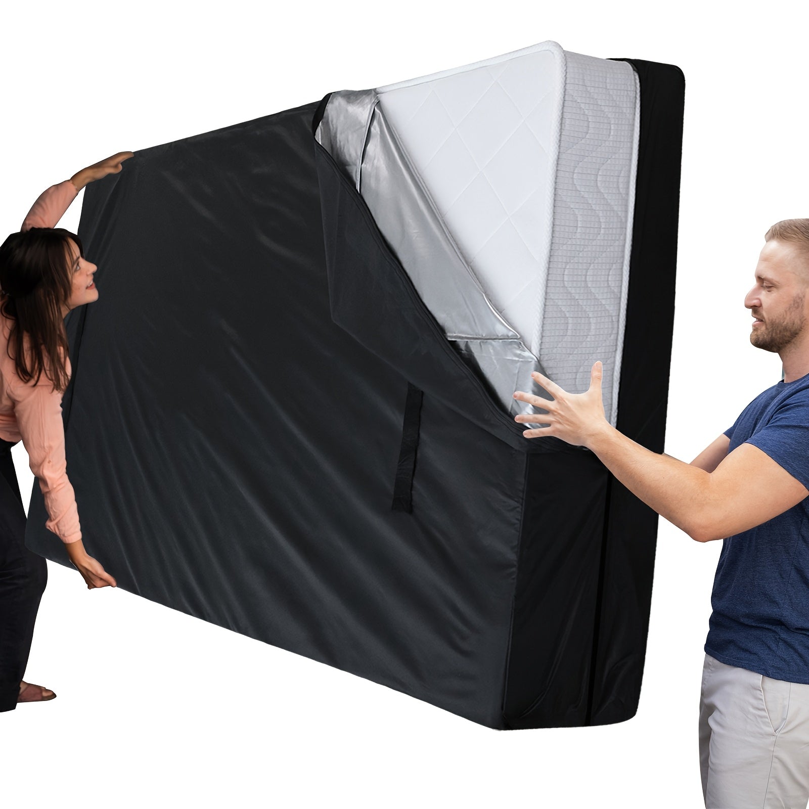 1pc Mattress Protector Cover, Heavy Duty Polyester Woven Mattress Bag for Moving and Storage, 180-200 g/㎡, Black, Zipper Closure, Machine Washable, Reusable with Handles