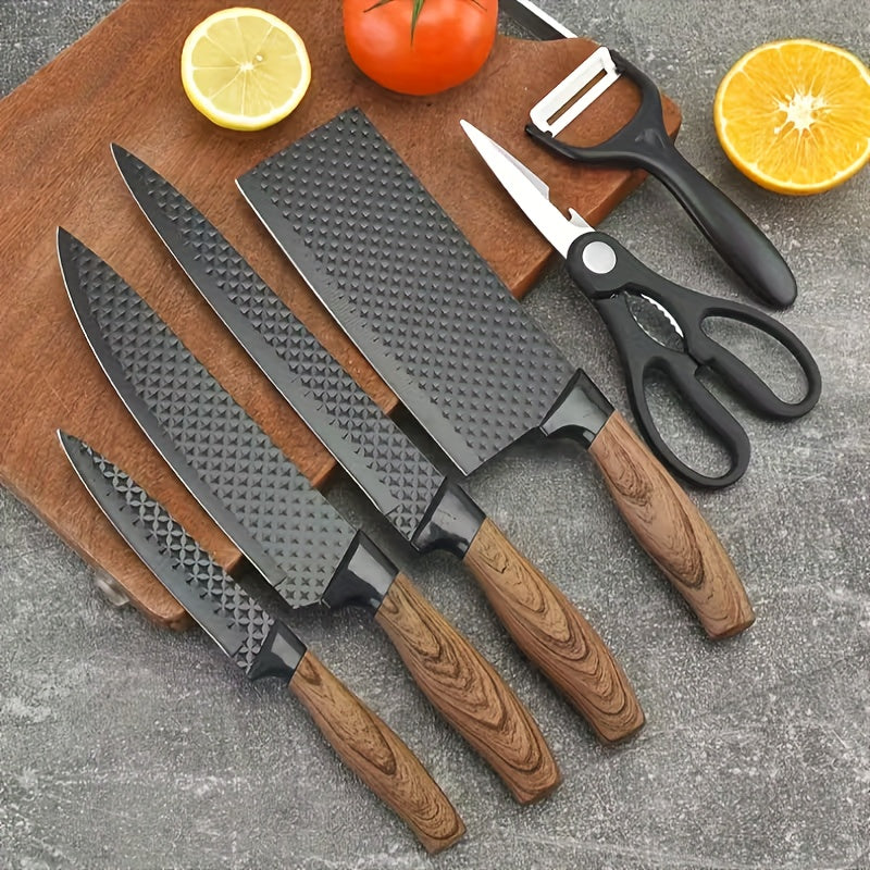 6 Kitchen Knife Set, Chef'S Knife, Slicing Knife, Scraper And Scissors, High Carbon Stainless Steel Super Sharp, With Anti-stick Ergonomic Wooden Handle, Suitable For Home Cooking, Camping, RV Trips, Holiday Gifting, Wedding Presents, Gift Box Set