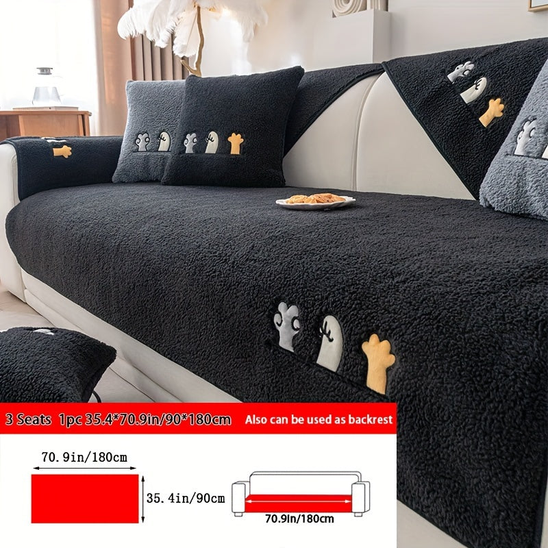 1pc Plush Thick Shearling Sofa Cover with Cute Animal & Bone Embroidery - Pet-Friendly, Non-Slip Couch Protector for All Sofa Sizes from Single to Four-Seater - Soft, Warm Decor for Living Room, Bedroom, Office, Sofa Covers for Living Room