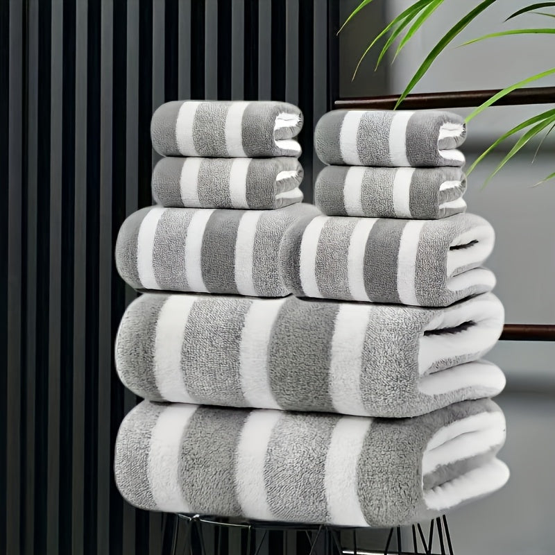 8pcs Set, Lint-Free, Super Absorbent, Ultra-Soft Two-Tone Striped Bath Towel Set, Including 2pcs Large Bath Towels, 2pcs Large Face Towels, And 4pcs Hand Towels