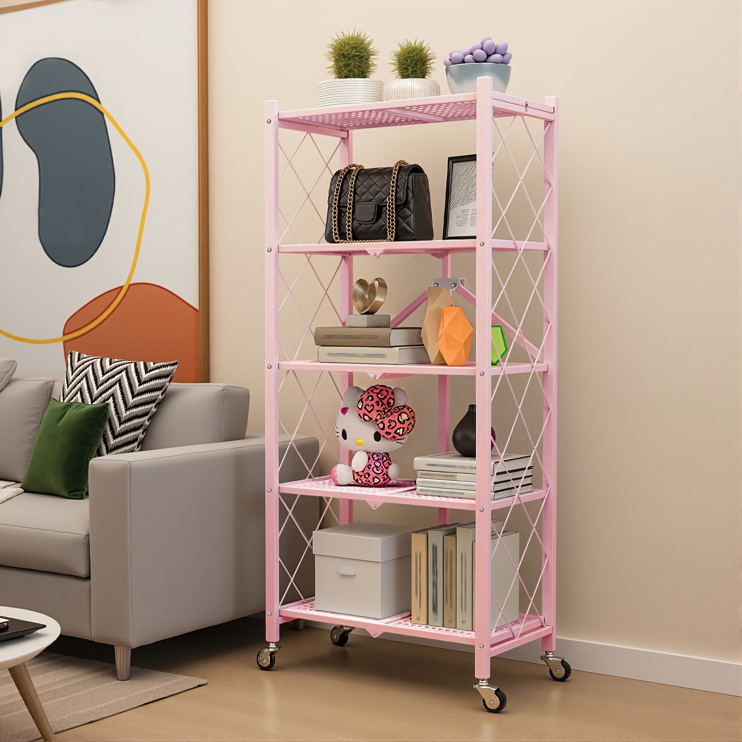 3/4/5-Tier Portable Multifunctional Storage Rack, Floor-Standing Storage Rack with Lockable Wheels, Space-Saving, No Assembly, Foldable Storage Shelf with Durable Carbon Steel Frame for Bedroom, Balcony, Garden, Standing Shelf