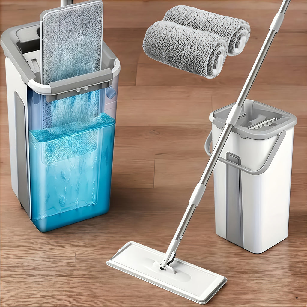 Hands-Free Flat Mop And Bucket Set with Long Handle, Wringer, 2 Reusable Microfiber Pads, 360 Degree Flexible Swivel for Floor Cleaning And Wall Cleaning, Mop And Bucket Cleaning Set