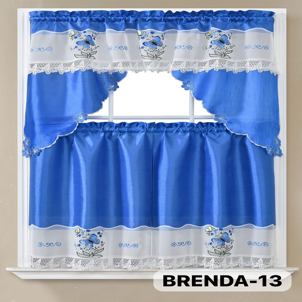 3pcs Embroidery Kitchen Curtains Set Flowers Embroidery Satin Fabric Faux Lightweight Soft Easy Care Machine Washable 49 Design Styles Available Holiday Gifts for Family Local Warehouse All Season Use Summer